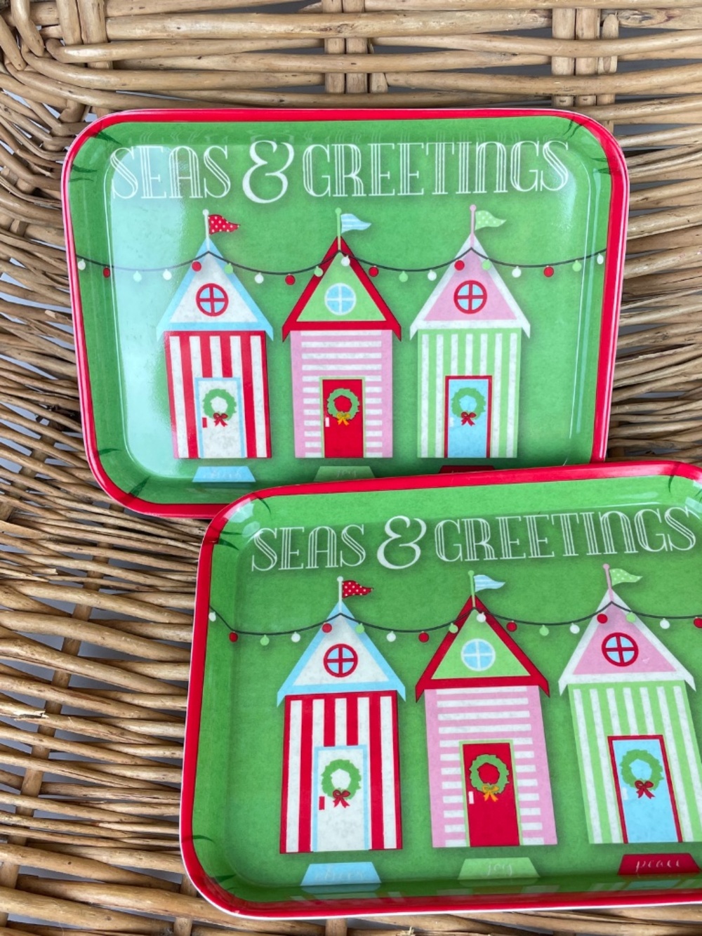 Brighten the Season Melamine Christmas Trays Seas & Greetings Beach Theme - Pair